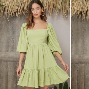 Green lantern sleeve square neck midi dress